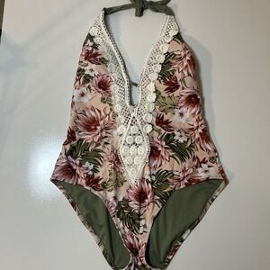 Kona Sol XL Womens Peach/Floral Unlined Wireless Closure One Piece Swimming Suit